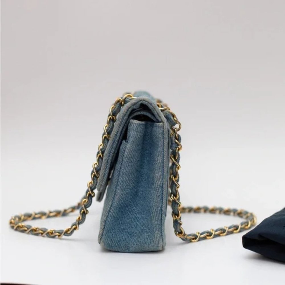 VTG CHANEL 1992 CLASSIC DENIM MEDIUM FLAP BAG PURSE CC TURN LOCK 24k - Picture 5 of 13